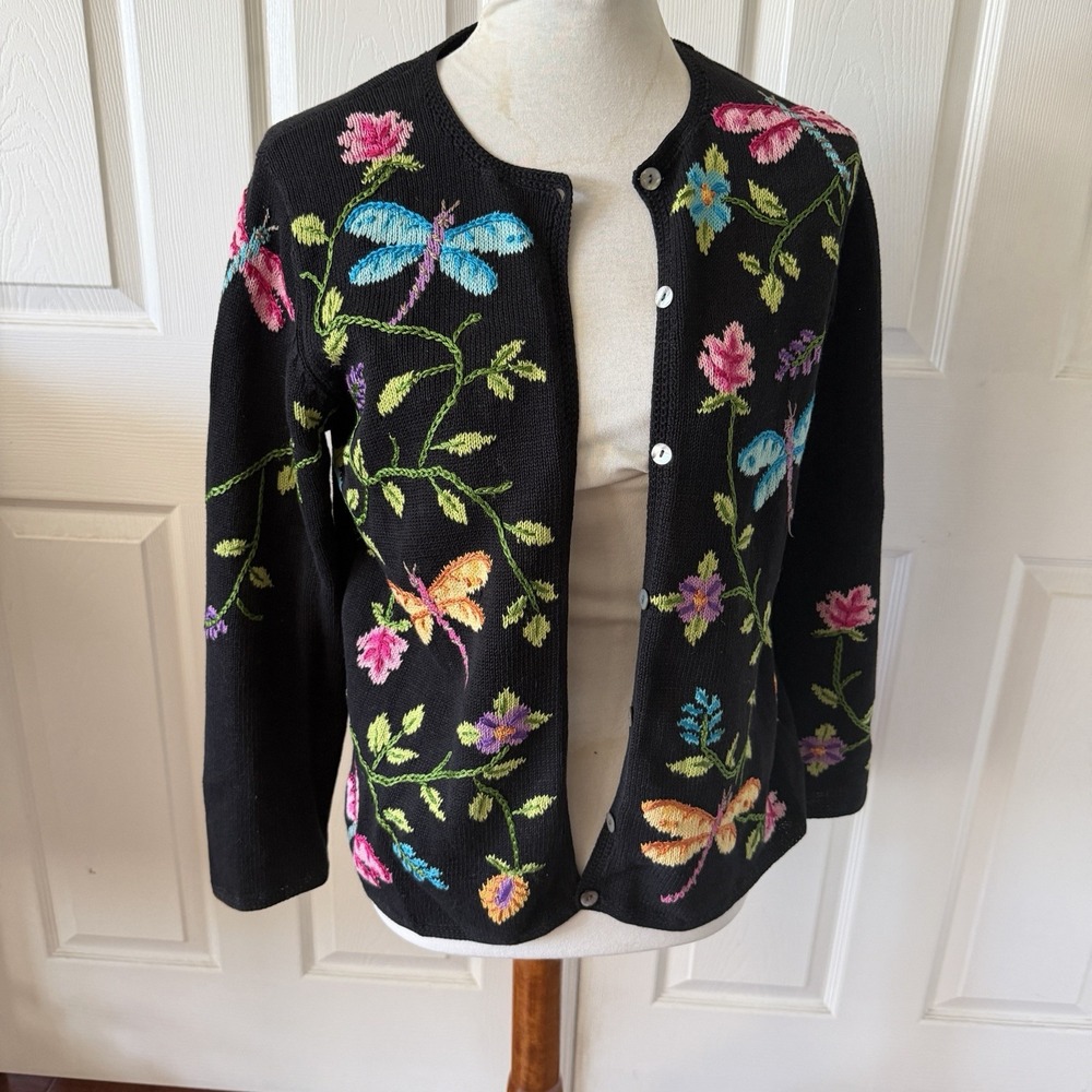 Dragonfly Floral Embroidered Cardigan Sweater Apx Sz Small Black Button Front